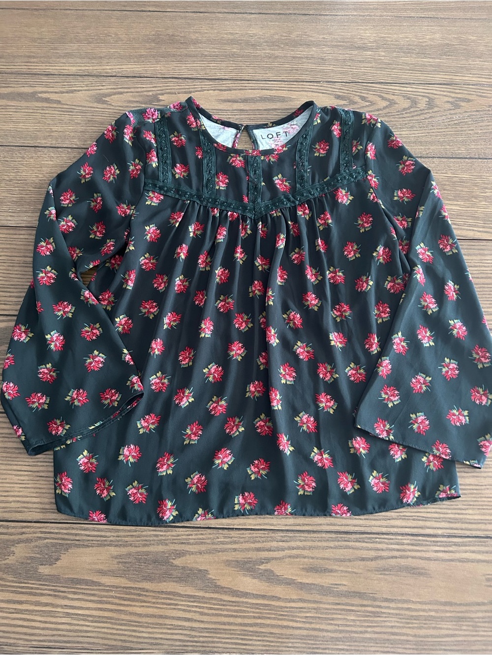 LOFT Black Blouse with Pink Floral Print